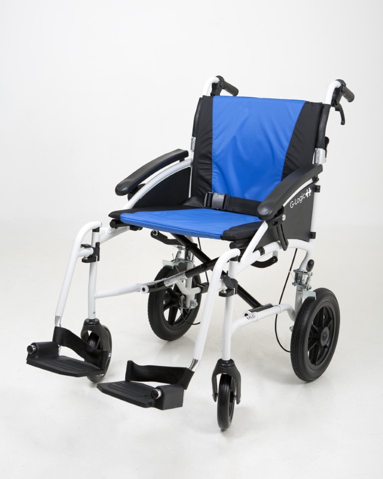 Excel G-Logic Lightweight Transit Wheelchair With White Frame and Blue Upholstery 18'' Standard Seat